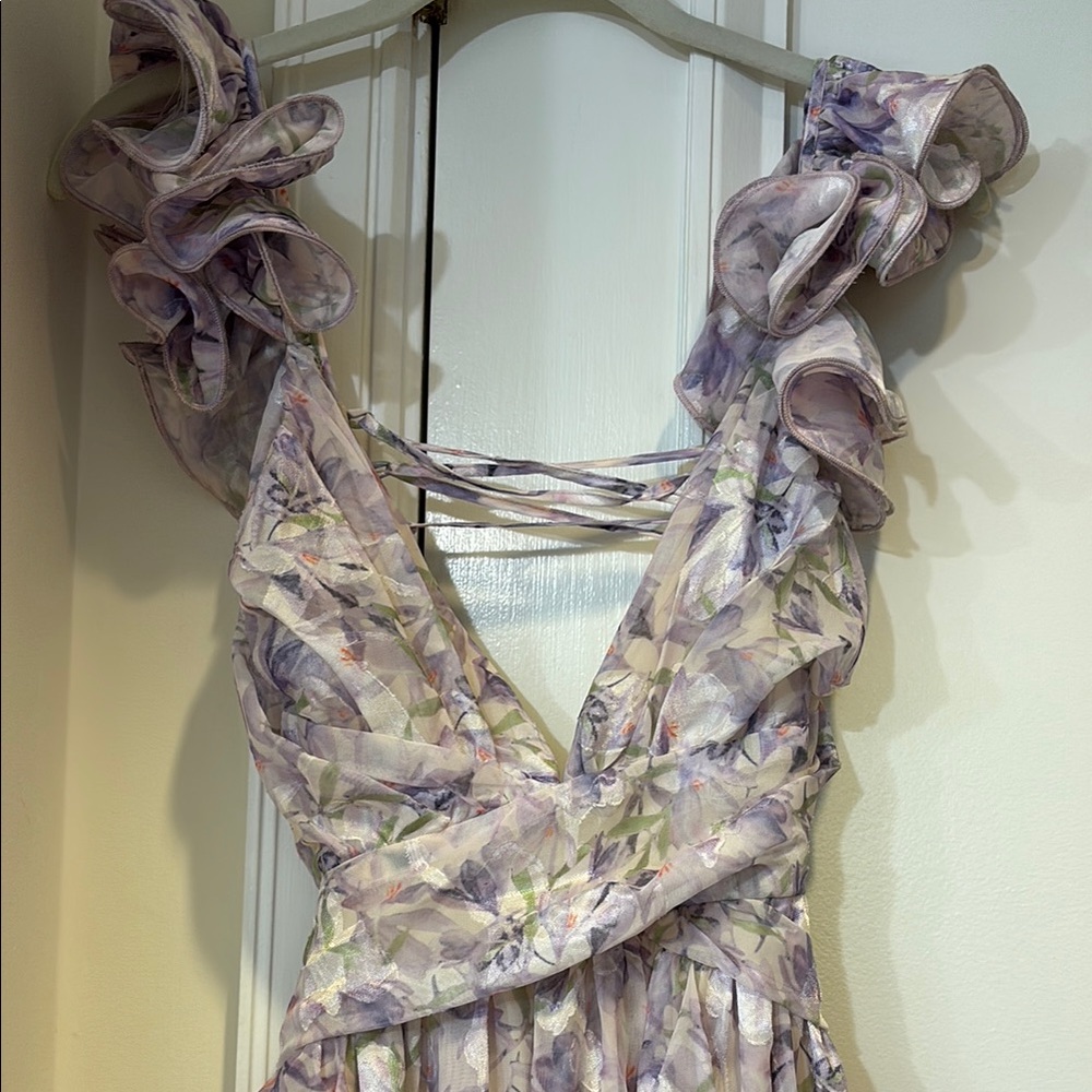 Floral Ruffle Maxi Dress in Light Purple & White